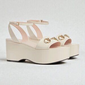 NIB Gucci Lady Horsebit White Patent Leather Platform Sandals